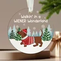 Round acrylic Christmas ornament with a cute dachshund in a snowy forest design. - Brown Dachshund (10) / 8x8x0.3cm