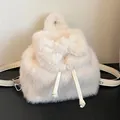 Mini cream-colored plush backpack for women with drawstring closure and adjustable straps - White