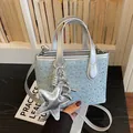 Sparkling denim bucket bag with rhinestone decor and silver star balloon dog charms - Style 1 Silver And Blue With Charms