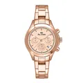 Detalle de primer plano de la correa de acero oro rosa y esfera del reloj BS de mujer - Rosa oro