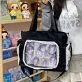Large capacity black ita bag with transparent lace window and decorative anime pins - With Charm / Black