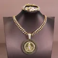 Macro view of gold St. Jude rotating pendant necklace and iced out cuban link bracelet set - Gold Pink St Jude Rotating Round Set / Necklace 50cm+Bracelet 20cm