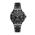 Vista frontal del reloj de mujer BS Bee Sister en acero negro con detalles en oro rosa - Diseño Estilo Buceo (B0902) / Negro