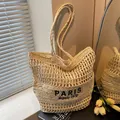 Bolso tote de paja tejida con estampado Paris 1970 para la playa o uso casual diario - Blanco Roto