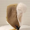 Women's winter warm plush trapper hat in khaki corduroy with white fur ear protection - 56-58cm / Camel
