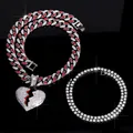 Set di gioielli hip hop con pendente a cuore spezzato e catena cubana rossa ghiacciata - Set Collana con Pendente a Cuore e Catena Tennis / Argento