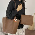 Elegant brown woven tote bag set with matching pouch and cute horse charm for women - With Pendant / Brown