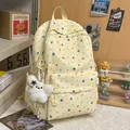 Yellow student backpack with colorful star pattern and cute plush bunny charm - With Pendant / Yellow