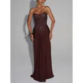 Elegant brown sequin strapless evening gown featuring a draped high-waisted maxi skirt - S / Top And Bottom / Dark Brown