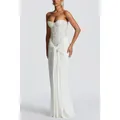 Elegant white strapless evening gown featuring an embellished bodice and draped waist knot - S / Top And Bottom / White