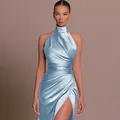 Detail view of a light blue satin halter dress with high slit and elegant pleats. - XS / Top And Bottom / Sky Blue