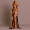 Detail of a bronze satin high-neck evening dress with elegant pleats and a high slit. - XS / Top And Bottom / Orange