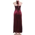 Back view of elegant wine red velvet halter neck maxi dress for evening parties - XS / Tops / Lace-up Wine Red