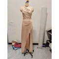 Elegant champagne halter neck ruched evening gown with high slit for summer parties - XL / Top And Bottom / Champagne