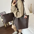 Chic brown woven tote bag set with a cute horse charm, large capacity for daily commuting. - With Pendant / Brown