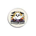 Retro Halloween DJ ghost metal pin badge with Spooky Beats text, bats, and candy corn elements - Round Style (YP3825) / YP3825