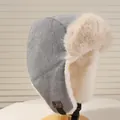 Grey corduroy winter trapper hat with thick faux fur lining and ear flaps - 56-58cm / Gray