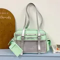 Kawaii mint green Japanese JK style shoulder bag with silver straps and mesh pocket detail - Green