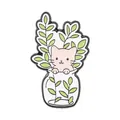 Cute cartoon enamel pin featuring a pink cat in a glass jar with green leaf decor - Cat in Glass Bottle (QHXZ6623) / Pink Plant Style