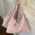 Sweet pink large capacity shoulder bag with ruffled strap and plush bunny charm - With Charm / Pink