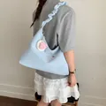 Light blue large capacity pleated shoulder bag with sweet embroidery and ruffled strap - With Charm / Blue
