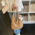 Large capacity hand-woven straw tote bag for summer beach vacation and daily use - With Charm / Khaki