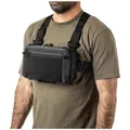 Close-up of a tactical nylon chest bag worn on a model with adjustable straps - Black