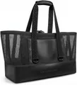 A detailed macro view of large black mesh beach bag featuring OnWander brand logo - Black