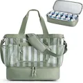 Detail view of double-layer picnic bag with mesh top and insulated cooler bottom - Light Green