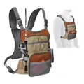 Close-up of durable brown fishing chest pack with rod holder and mesh compartments - Below 20L / Khaki