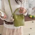 Sac seau tissé vert vintage avec charm ours mignon pour le bureau et quotidien - Vert avec charme