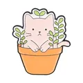 Adorable cartoon pink kitten in an orange flower pot enamel pin badge with green leaves - Cat in Flower Pot (QHXZ6626) / Pink Orange Style