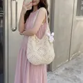Large capacity handmade crochet straw tote bag in cream white for summer beach vacation - With Charm / Off White
