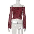 Elegant burgundy off-shoulder floral mesh long sleeve top shown on a clear mannequin - S / Tops / Burgundy