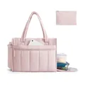 Detail of pink quilted multi-functional tote bag showing laptop and lunch storage - 41*17.8*32CM / Pink