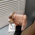 Retro pink polka dot crossbody small square bag featuring a cute plush bear charm - With Charm / Pink