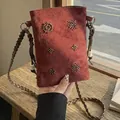 Vintage terracotta suede small crossbody bag with exquisite beaded snowflake patterns - Red