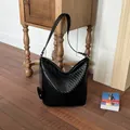 Vintage zwarte gevlochten emmertas met verstelbare riem in hobo-stijl dagelijkse mode - Zwart