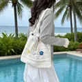 White hollow cotton woven tote bag with colorful flower charms for summer - Beige With Charm