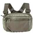 Front detail of an olive green tactical chest rig featuring adjustable straps and zippers. - Army Green