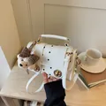 Retro white polka dot small square crossbody bag with cute bear charm detail - With Charm / Off White