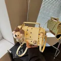 Vintage yellow polka dot crossbody bag with cute plush bear charm for chic women's style - With Charm / Yellow