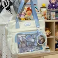 Minimalist white tote bag with transparent display window and light blue accents - With Charm / White Blue Chain Print