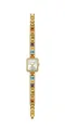 Luxuriöse goldene quadratische Uhr mit farbenfrohem Regenbogen-Edelstein-Armband - Gold Weiß
