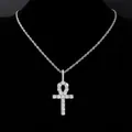 Hip-hop silver-toned ankh cross necklace with full cubic zirconia stones on rope chain - 982 Ankh Cross (Silver) With Rope Chain / 50cm