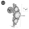 Λεπτομερής προβολή του G23 titanium labret με τρία ζιργκόν και ακριβείς διαστάσεις - Στυλ με Τρεις Πέτρες σε Καμπύλη (#16)