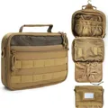 Interior details of tactical hanging toiletry bag showing compartments and built-in mirror - Brown