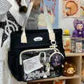 Black canvas Ita bag tote with clear window and cute anime character accessories - With Charm / Black
