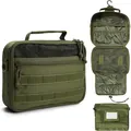 Detailed view of tactical olive green hanging toiletry bag showing storage compartments. - Green