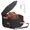 Portable hexagonal hat storage box for travel with shoulder strap and metal door hook - Black